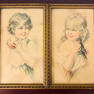 Antique Boy & Girl Pictures Wall Decor  Original‎ Antique Frames 15 1/2 X 9 1/2